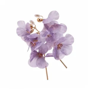 Elegant purple mesh flower ear clips with gold tassel for a romantic forest style.