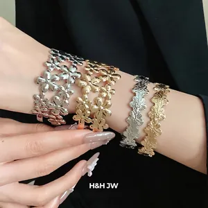 Vintage Metal Double Layer Flower Open Bangle Bracelet For Women Retro Gold Silver Plated Floral Adjustable Cuff Jewelry Gift