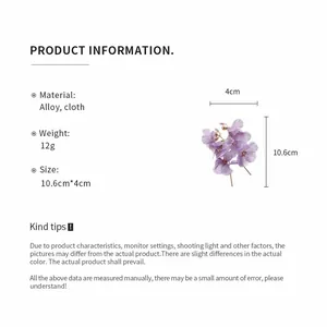 Detail view of purple floral mesh earrings with size and material specifications