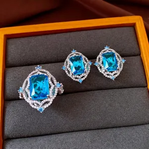 Vintage Royal Style Square Blue Zirconia Jewelry Set Copper Silver Plated Geometric Inlaid Ring Earrings For Women Party Accessory