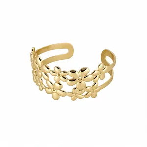 Elegant gold-plated double-layer open bangle featuring intricate flower design jewelry