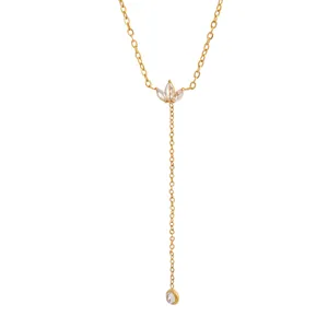 Elegant 18k gold plated Y-shaped necklace featuring zircon lotus and drop pendant.