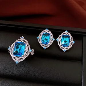 Vintage palace style jewelry set with square blue zircon ring and matching stud earrings