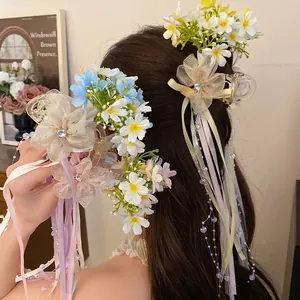Balletcore Floral Hair Clip With Long Ribbons Chiffon Fabric Flower Duckbill Clip Rhinestone Artificial Pearl Hair Accessories For Women