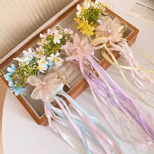 Charming ballet style floral hair clips with long ribbons and pearl strings for women