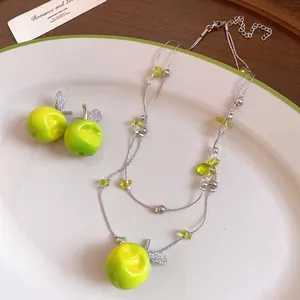 Forest style double-layer necklace and earrings set with green resin apples and zircons