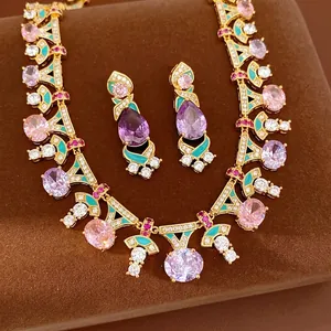 Conjunto de Joyería de Estilo de Corte Vintage de Lujo Colgante de Cobre Esmalte Circonia Multicolor Collar Pendientes para Mujeres Moda Cadena de Clavícula Accesorios Regalo