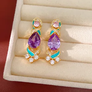 Pendientes estilo palacio vintage con circón púrpura y detalle de esmalte turquesa
