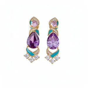 Elegantes pendientes de cristal púrpura de estilo palaciego con esmalte turquesa