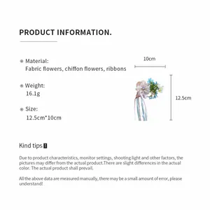 Product dimensions and material details for ballet style floral hair clip with colorful ribbons