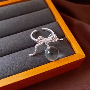 Chic Copper Zirconia Bow Open Ring With Hanging Resin Ball Delicate Niche Design Silver Color Index Finger Ring For Women Exquisite Jewelry Gift