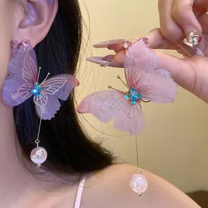 Pendientes Largos de Mariposa con Borla Con Poste de Plata de Ley 925 Alas de Gasa Diamantes de Imitación Color Dopamina Joyería de Vacaciones