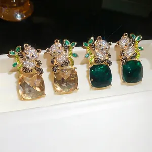 Pendientes de Botón Cuadrados con Strass de Panda de Nuevo Estilo Chino Joyería Animal de Aleación Oro Plata Vintage para Mujer
