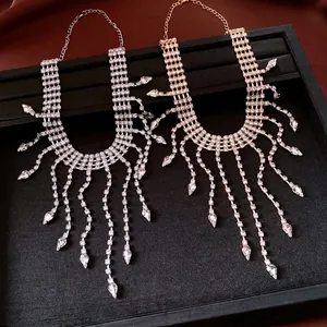 Luxury Copper Rhinestone Teardrop Tassel Choker Necklace For Women Shiny Waterdrop Pendant Clavicle Chain Party Jewelry Gift