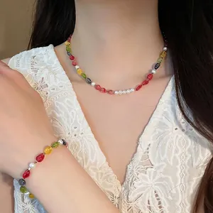 Vibrant Dopamine Style Colorful Stone Artificial Pearl Beaded Necklace Bracelet Jewelry Set Women Fashion Simple Accessory