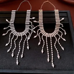 Elegant luxury rhinestone teardrop tassel necklace set in gold and silver plating