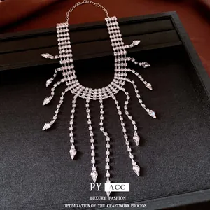Luxury silver rhinestone fringe necklace with teardrop pendants