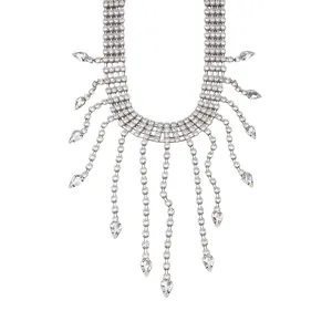 Elegant silver-tone choker necklace with sparkling rhinestone fringe and teardrop charms.