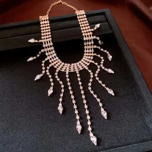 Luxurious rhinestone water-drop tassel necklace detail with sparkling crystals