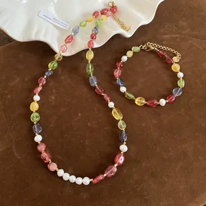 Handmade vibrant dopamine style colorful beaded necklace and pearl bracelet jewelry set