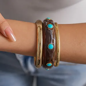 Vintage Resin Copper Metal Bangles Gold Brown Marbled Geometric Round Stackable Bracelet For Women Minimalist Fashion Jewelry