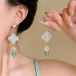 Eleganti Orecchini Pendenti Quadrifoglio in Stile Cinese con Agata e Strass per Donna Gioielli Vintage Placcati Oro