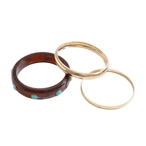 Retro 3-piece bangle set with resin, gold metal and turquoise accents