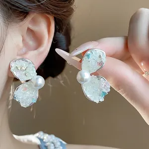 French Style Wings Petal Stud Earrings 925 Sterling Silver Post Copper Artificial Pearl Rhinestone Jewelry For Women