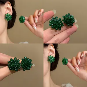 Pendientes de Botón de Vidrio en Racimo de Uvas de Nuevo Estilo Chino para Mujer Pendientes de Cuentas de Vidrio Florales Vintage Con Poste de Plata