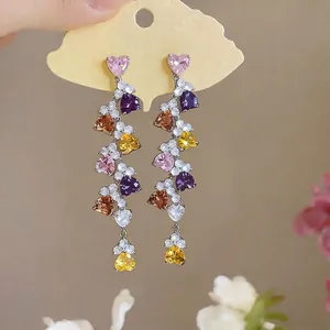 Elegant colorful zircon heart tassel earrings with silver needles for women