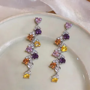 Elegant heart-shaped multi-color zirconia tassel drop earrings with a silver needle