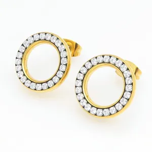 Luxe vergulde titaanstaal holle cirkel oorbellen met volledig diamant pave beslag