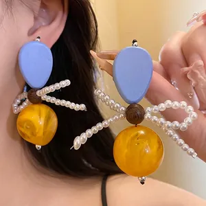 Vintage Resin Wood Bowknot Stud Earrings With Artificial Pearl Blue Yellow Mixed Color Silver Post Earring For Women Jewelry