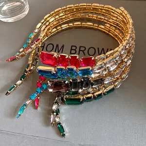 Elegant multi-layer gold-plated choker necklace with colorful square rhinestones for women