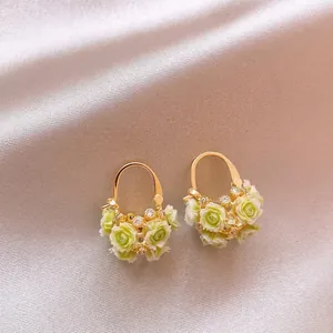 Sweet Resin Rose Flower Basket Huggie Earrings Alloy Rhinestone Inlaid Gold Tone Ear Buckle Romantic Vacation Jewelry For Women
