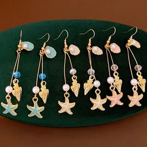 Ocean Theme Drip Oil Glass Starfish Shell Conch Hook Earrings With Artificial Pearl For Women Vacation Style Jewelry