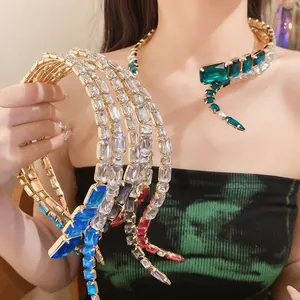 Exquisite snake-shaped choker featuring multi-colored square rhinestones worn by a model