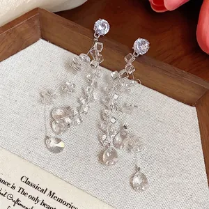 Elegant zircon and glass crystal water drop tassel earrings in a minimalist style