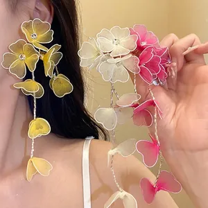 Handmade Silk Screen Flower Rhinestone Tassel Drop Earrings With Silver Post Holiday Style Women Niche High End Jewelry