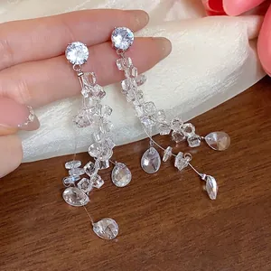 Elegant silver needle dangle earrings with cubic zirconia and glass water drop tassels