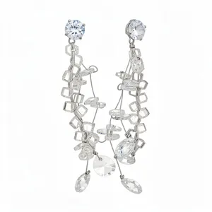 Elegant silver needle tassel stud earrings with shimmering clear glass crystal drops
