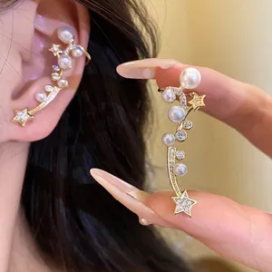 Vintage Luxury Brass Star Artificial Pearl Zirconia Stud Earrings With 925 Sterling Silver Post For Women Delicate Ear Clips