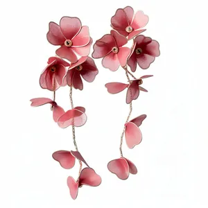 Exquisite pink mesh floral dangle earrings with sparkling crystals for resort look