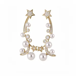 Elegant star and pearl ear cuff earrings with sparkling zircon accents