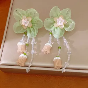 Mori-style chiffon flower resin stud earrings with beaded tassels for summer