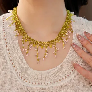 Exquisite handmade Bohemian beaded floral choker necklace in green and pink for summer