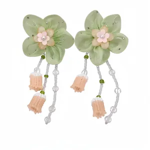 Mori style chiffon flower earrings with resin accents and beaded tassels for summer