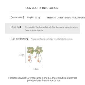 Detailed specs for green chiffon flower earrings with dimensions and material info