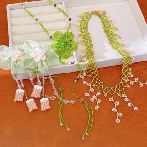 Handmade green beaded floral necklace and chiffon flower tassel earrings jewelry set