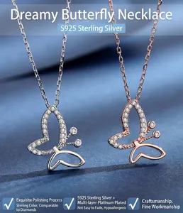 Close-up of S925 sterling silver butterfly pendants in silver and rose gold finishes